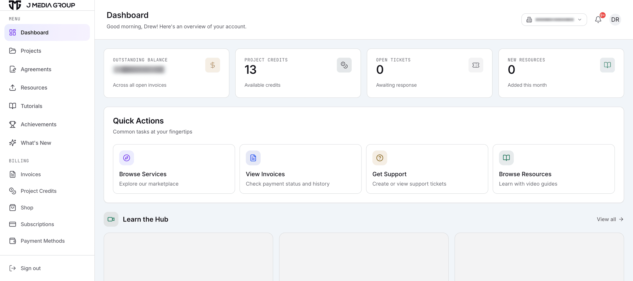 The JMG Hub client dashboard.