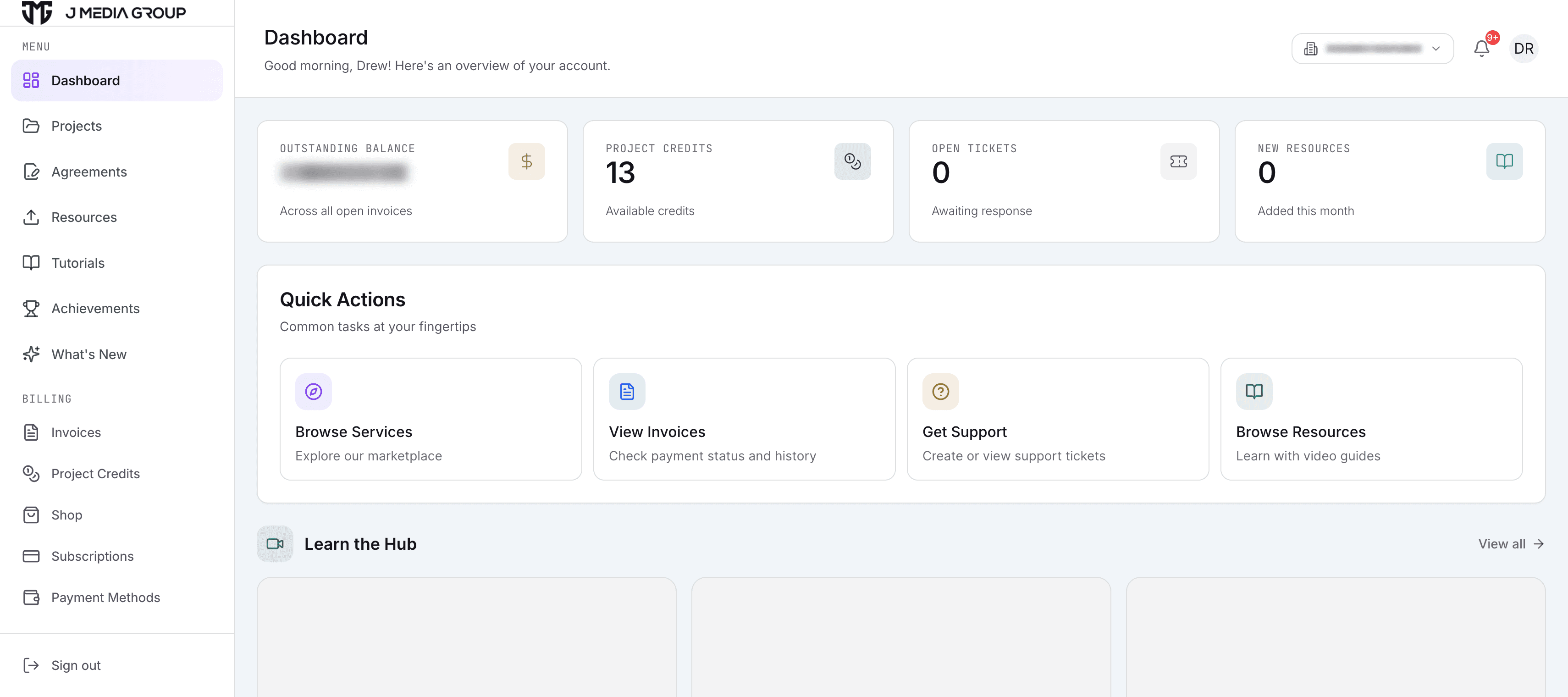 The JMG Hub client dashboard.