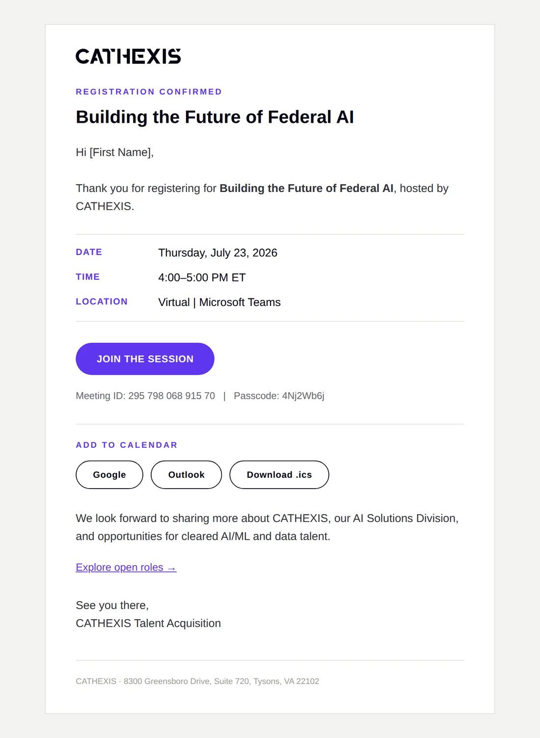 Registrant confirmation email with Teams link, meeting ID, passcode, and add-to-calendar buttons