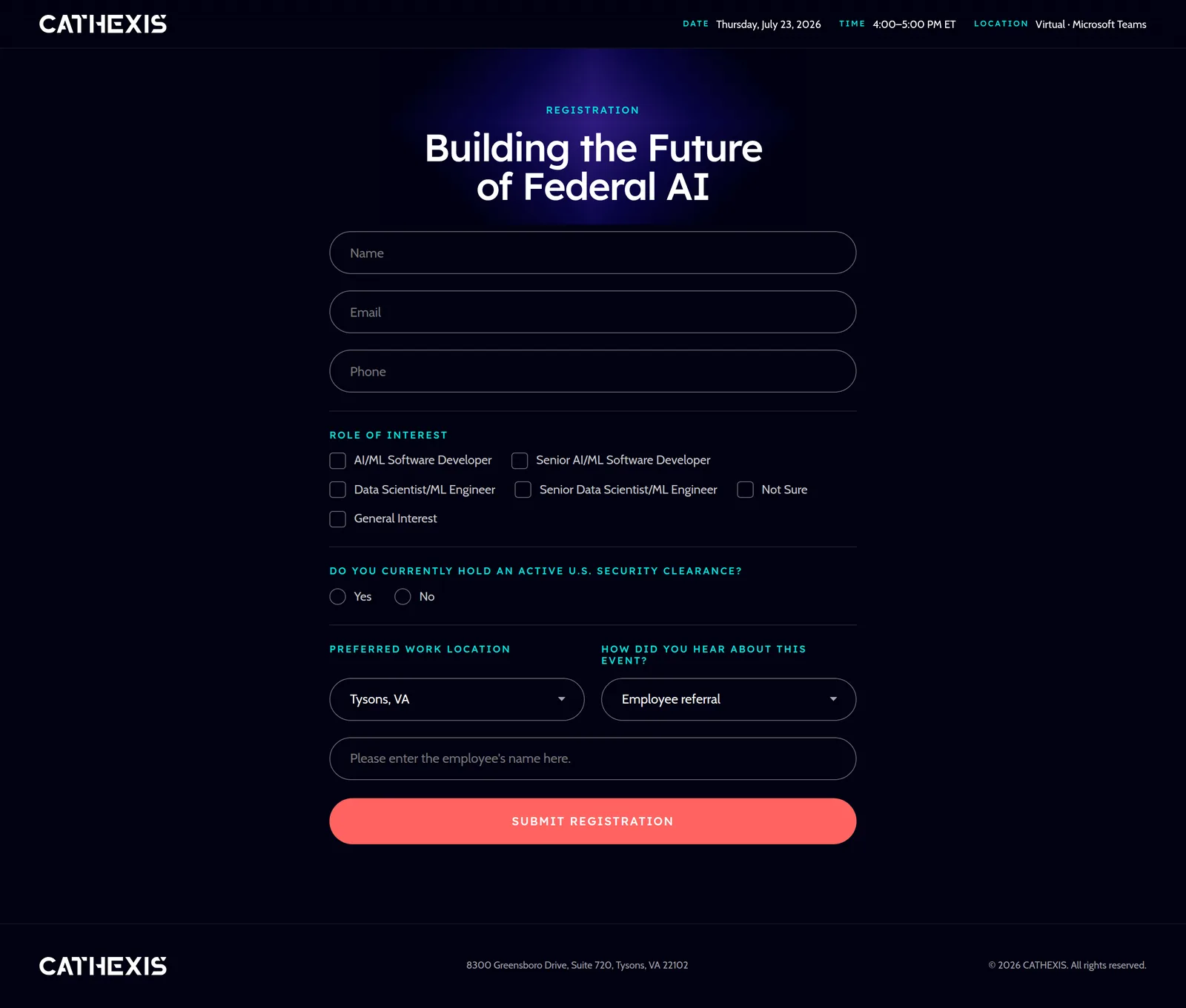 CATHEXIS event registration form with role, clearance, and location fields