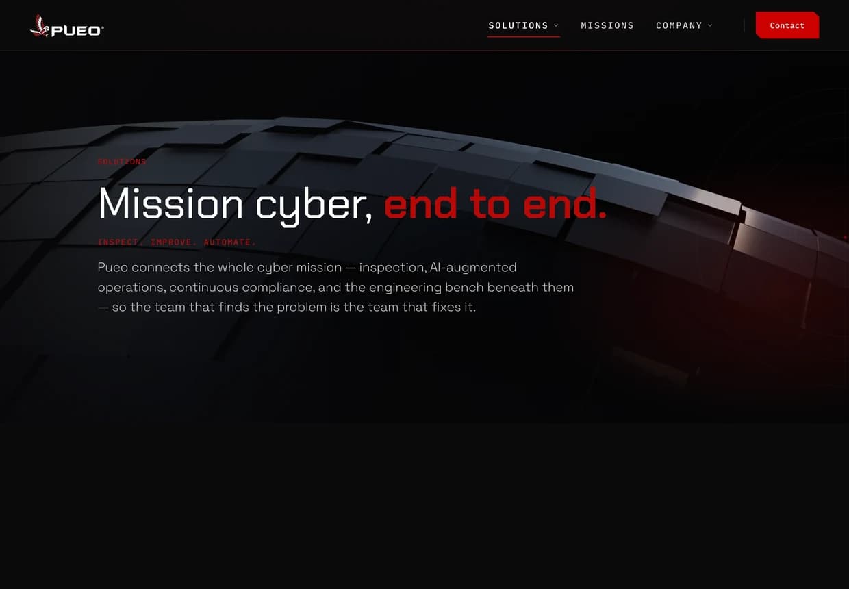 Redesigned Solutions page — “Mission cyber, end to end.”